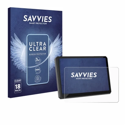 Front side of a product packaging with the brand logo Savvies. Next to it is the device Carpuride W502BS Pro 5" shown with the