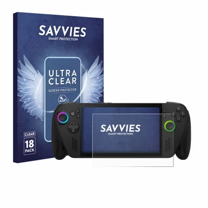 Front side of a product packaging with the brand logo Savvies. Next to it is the device ASUS ROG Xbox Ally X shown with the co