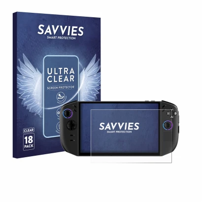 Front side of a product packaging with the brand logo Savvies. Next to it is the device Lenovo Legion Go Gen 2 shown with the 