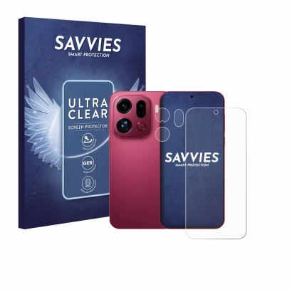 Front side of a product packaging with the brand logo Savvies. Next to it is the device Oppo Find X9 Pro (Front+Camera) shown 