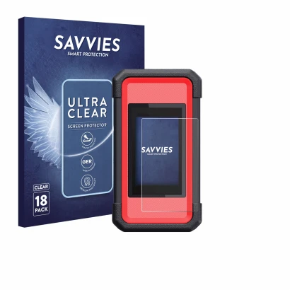 Front side of a product packaging with the brand logo Savvies. Next to it is the device Launch X431 SmartLink C V2.0 shown wit