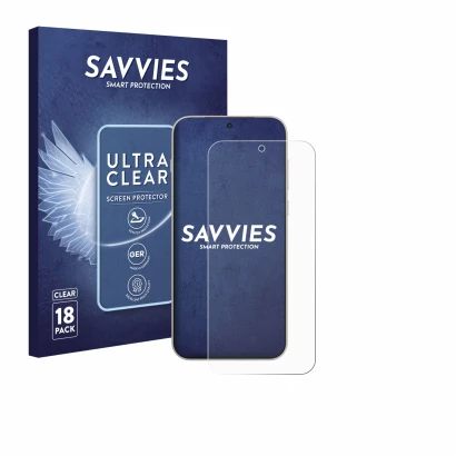 Front side of a product packaging with the brand logo Savvies. Next to it is the device OnePlus 15 shown with the correspondin