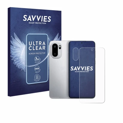 Front side of a product packaging with the brand logo Savvies. Next to it is the device OnePlus Ace 6 (Front+Camera) shown wit