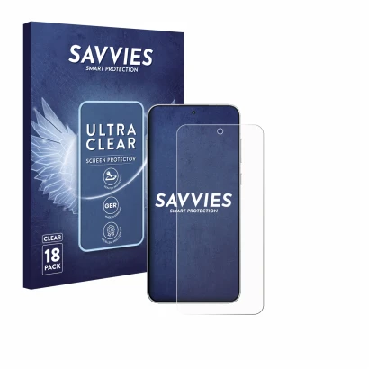 Front side of a product packaging with the brand logo Savvies. Next to it is the device OnePlus 15R shown with the correspondi