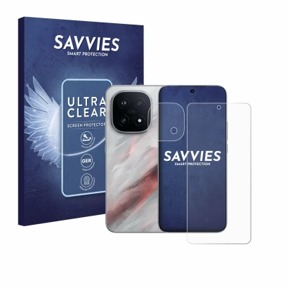 Front side of a product packaging with the brand logo Savvies. Next to it is the device Vivo iQOO 15 (Front+Camera) shown with
