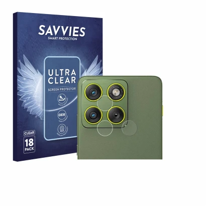 Front side of a product packaging with the brand logo Savvies. Next to it is the device Motorola Edge 70 (ONLY Camera Lens) sh