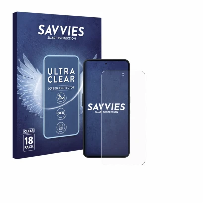 Front side of a product packaging with the brand logo Savvies. Next to it is the device Nothing Phone (3a) Lite shown with the