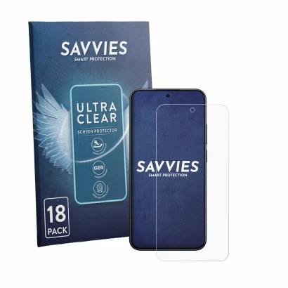 Front side of a product packaging with the brand logo Savvies. Next to it is the device Xiaomi Redmi Note 15 Pro 5G shown with