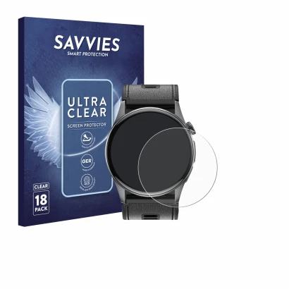 Front side of a product packaging with the brand logo Savvies. Next to it is the device Rogbid Rowatch D3 shown with the corre