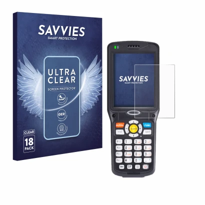 Front side of a product packaging with the brand logo Savvies. Next to it is the device Unitech HT510A shown with the correspo