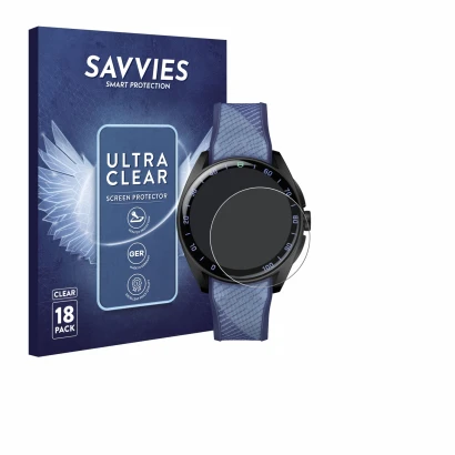 Front side of a product packaging with the brand logo Savvies. Next to it is the device TAG Heuer Connected Calibre E5 X (40 m