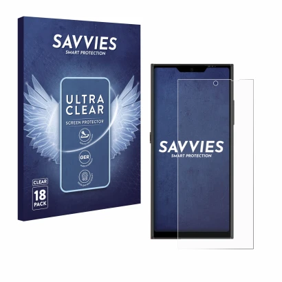 Front side of a product packaging with the brand logo Savvies. Next to it is the device Jolla Phone shown with the correspondi