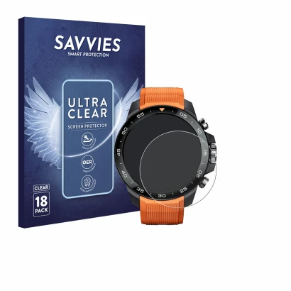 Front side of a product packaging with the brand logo Savvies. Next to it is the device Xiaomi Mibro GS Explorer S shown with 