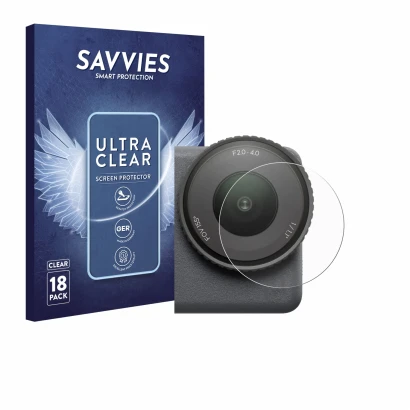 Front side of a product packaging with the brand logo Savvies. Next to it is the device DJI Osmo Action 6 (Lens) shown with th