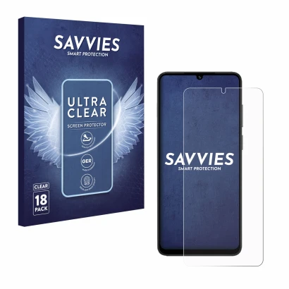 Front side of a product packaging with the brand logo Savvies. Next to it is the device Honor X5c Plus shown with the correspo