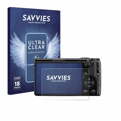 Front side of a product packaging with the brand logo Savvies. Next to it is the device Ricoh GR IV HDF 2025 shown with the co
