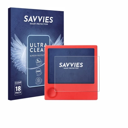 Front side of a product packaging with the brand logo Savvies. Next to it is the device PicPak E-Ink Display shown with the co
