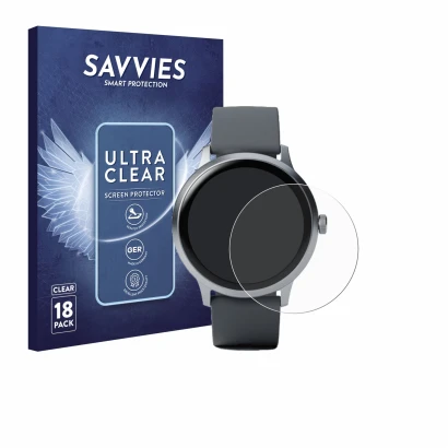 Front side of a product packaging with the brand logo Savvies. Next to it is the device Pebble Round 2 shown with the correspo