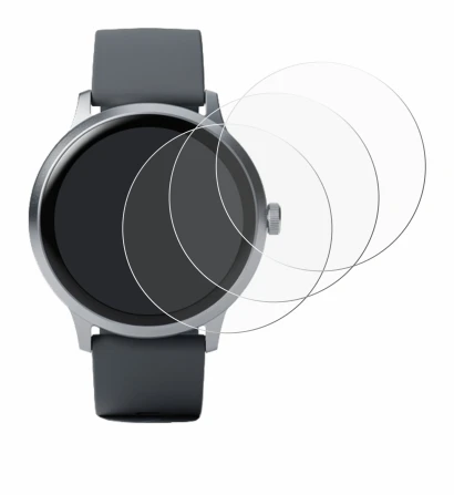 Image of the device Pebble Round 2 with a wide variety of screen protectors.
