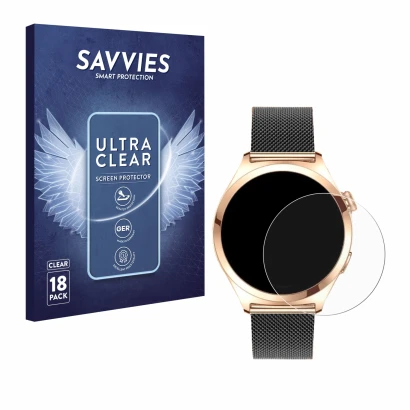 Front side of a product packaging with the brand logo Savvies. Next to it is the device Niolina Smartwatch 1.27