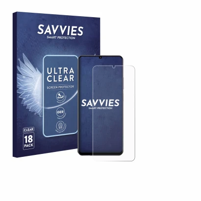 Front side of a product packaging with the brand logo Savvies. Next to it is the device realme Note 70 shown with the correspo