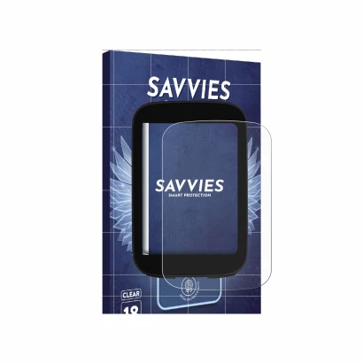 Front side of a product packaging with the brand logo Savvies. Next to it is the device Bikevee ‎BKV300B 2.4" shown with the c