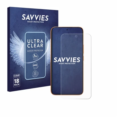 Front side of a product packaging with the brand logo Savvies. Next to it is the device Xiaomi Redmi Turbo 5 Max shown with th