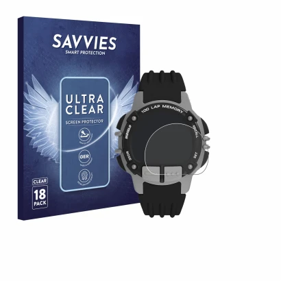 Front side of a product packaging with the brand logo Savvies. Next to it is the device Timex Ironman TW5M63200 shown with the