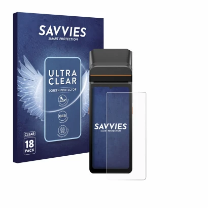 Front side of a product packaging with the brand logo Savvies. Next to it is the device Sunmi V3 A13 shown with the correspond
