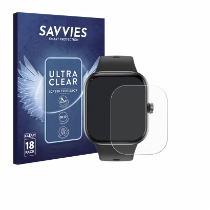 Front side of a product packaging with the brand logo Savvies. Next to it is the device Honor Choice InFoWear Watch 2 Pro show