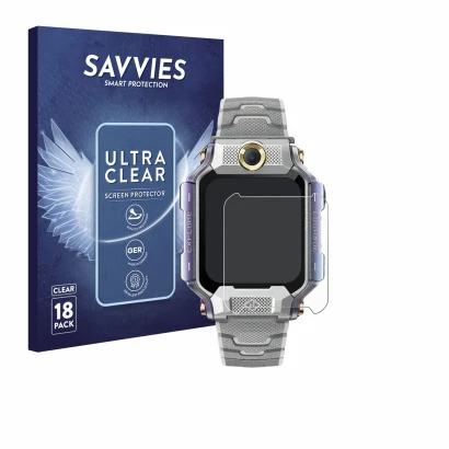 Front side of a product packaging with the brand logo Savvies. Next to it is the device Imoo Watch Phone X10 shown with the co