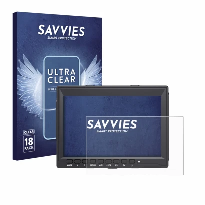 Front side of a product packaging with the brand logo Savvies. Next to it is the device Feelworld FW759 7" shown with the corr