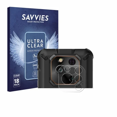 Front side of a product packaging with the brand logo Savvies. Next to it is the device Ulefone RugOne Xever 7 Pro (ONLY Camer