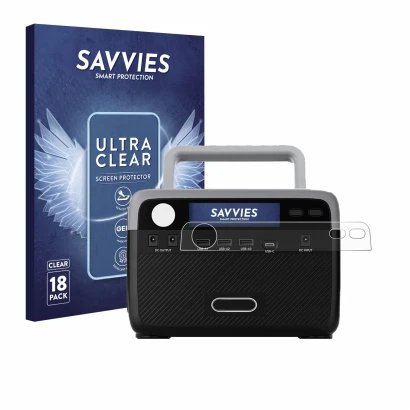 Front side of a product packaging with the brand logo Savvies. Next to it is the device Flashfish BP030B shown with the corres