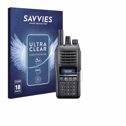 Front side of a product packaging with the brand logo Savvies. Next to it is the device Icom IC-T10 shown with the correspondi