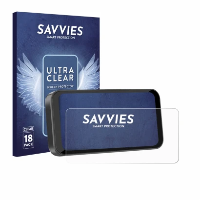 Front side of a product packaging with the brand logo Savvies. Next to it is the device Carpuride W603B 6.3" shown with the co