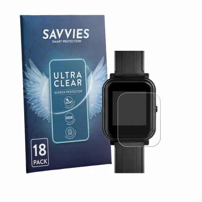Front side of a product packaging with the brand logo Savvies. Next to it is the device Bangle.js 2 shown with the correspondi