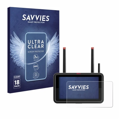 Front side of a product packaging with the brand logo Savvies. Next to it is the device Atomos Ninja TX shown with the corresp