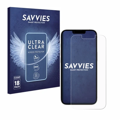 Front side of a product packaging with the brand logo Savvies. Next to it is the device Apple iPhone 17e shown with the corres