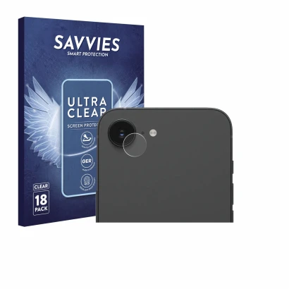 Front side of a product packaging with the brand logo Savvies. Next to it is the device Apple iPhone 17e (ONLY Camera Lens) sh