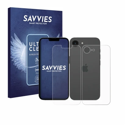 Front side of a product packaging with the brand logo Savvies. Next to it is the device Apple iPhone 17e (Front+Back) shown wi