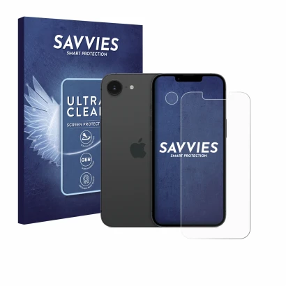 Front side of a product packaging with the brand logo Savvies. Next to it is the device Apple iPhone 17e (Front+Camera) shown 