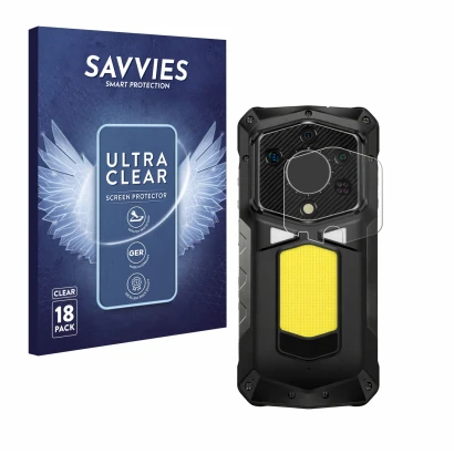 Front side of a product packaging with the brand logo Savvies. Next to it is the device Ulefone Armor 29 Ultra (ONLY Camera Le