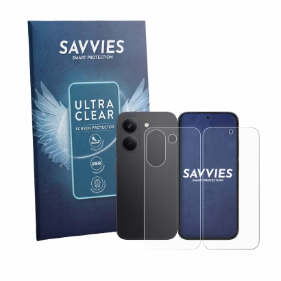 Front side of a product packaging with the brand logo Savvies. Next to it is the device Xiaomi Poco X8 Pro (Front+Back) shown 