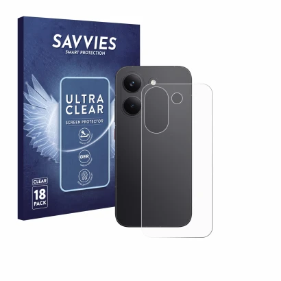 Front side of a product packaging with the brand logo Savvies. Next to it is the device Xiaomi Poco X8 Pro (Back) shown with t