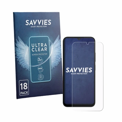 Front side of a product packaging with the brand logo Savvies. Next to it is the device Xiaomi Redmi A7 Pro shown with the cor