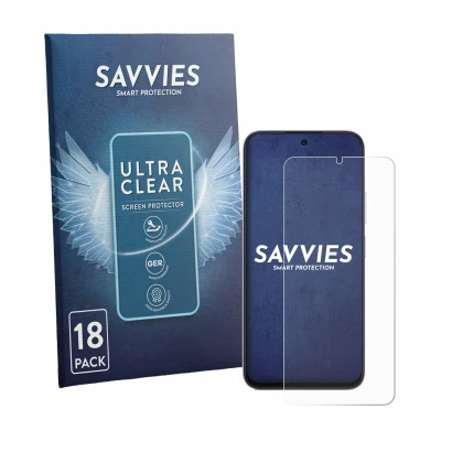 Front side of a product packaging with the brand logo Savvies. Next to it is the device Honor Play 80 shown with the correspon