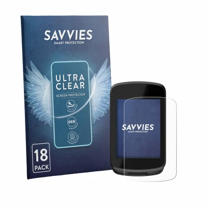 Front side of a product packaging with the brand logo Savvies. Next to it is the device Magene C606 Pro shown with the corresp