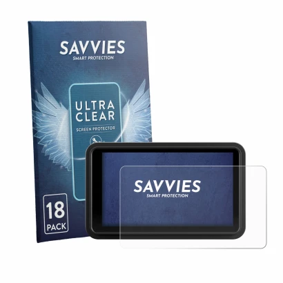 Front side of a product packaging with the brand logo Savvies. Next to it is the device Atomos Ninja RAW 5" shown with the cor