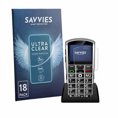 Front side of a product packaging with the brand logo Savvies. Next to it is the device Artfone A400 Pro 4G shown with the cor
